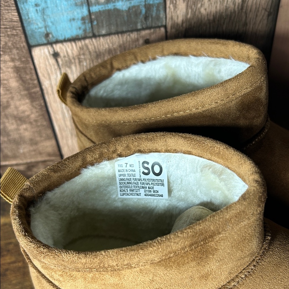 SO Chestnut Brown Faux-Suede Cozy Ankle Boots with Cream Fleece Lining - Picture 5 of 16